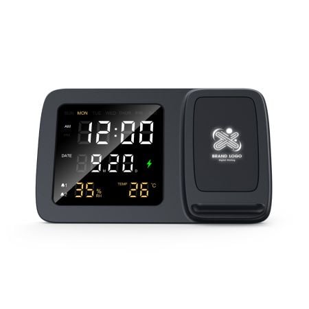 WIRELESS DIGICLOCK – Multifunctional Digital Clock with 15W Wireless Charger and Light-Up Logo