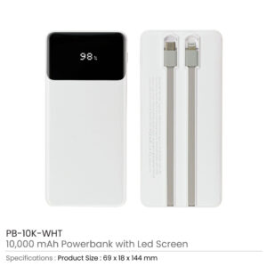Powerbank with LED Screen 10,000 mAh and Built-in Cables