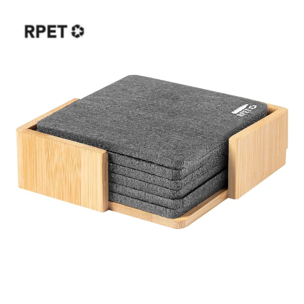 LAAX - eco-neutral RPET Set of 6 Felt Coasters with Bamboo Stand Dark Grey