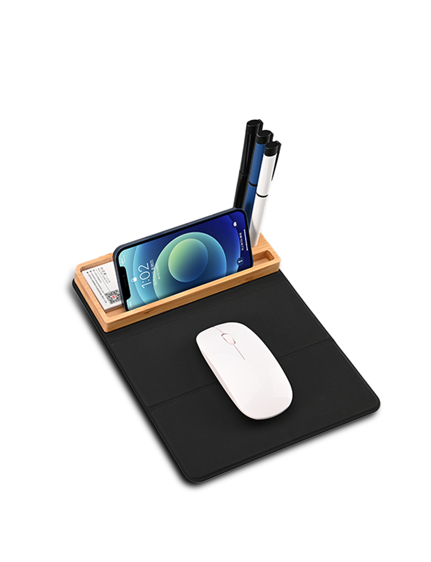 MOUSEPAD ORGANIZER – Foldable RCS PU Mousepad with Bamboo Wireless Charger and Light-Up Feature
